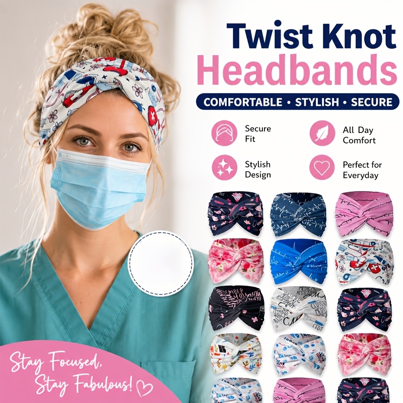 TEMU 4pcs/ Set Day Printed Cross Elastic Headband With Button Anti Pinch Mask And Headscarf, Suitable For Doctors And Nurses To Wear For Tying