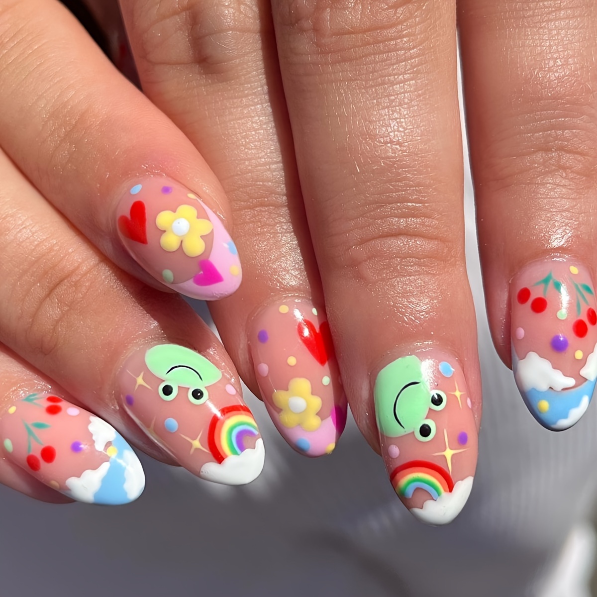 medium almond press on nails with rainbow design cute cartoon fake nails full cover false nails for women and girls details 0