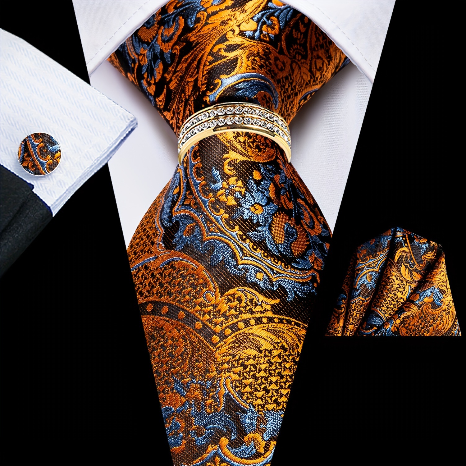 

Lineziseid 1set Formal Silk Men's Tie Paisley Classic , Hankerchief, Cufflinks, Ring Set For Wedding