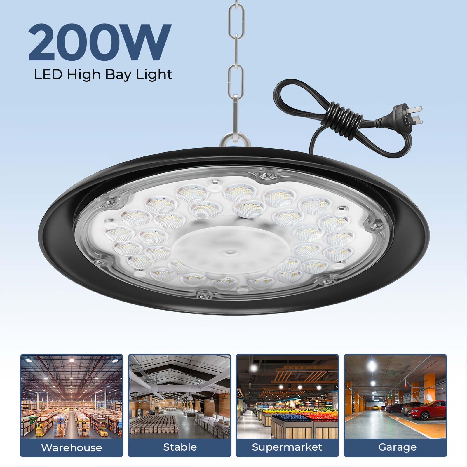 ufo led high   200w 120 degree   ceiling mounted matte black aviation grade housing   heat dissipation acrylic lens   with 60 inch cord hook ideal for warehouse garage workshop store   barn