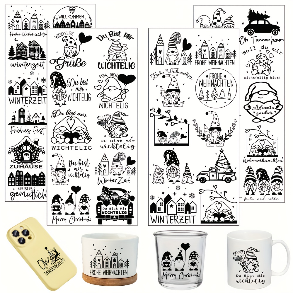 Image of 42pcs German Santa Claus Gnome Christmas Theme Rub On Transfer Stickers Vinyl Decals Set - Versatile & Durable For Cup, Furniture, Glass, Diy Home &