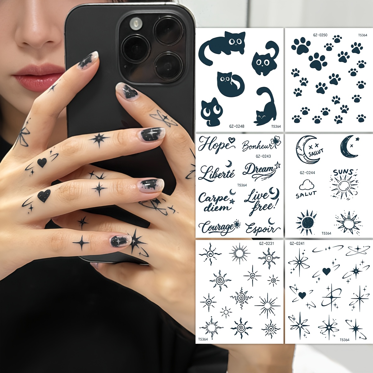 4 sheets black   temporary tattoos cute cartoon line     tattoos stickers waterproof realistic   decals for women girls students finger arm body art for   party