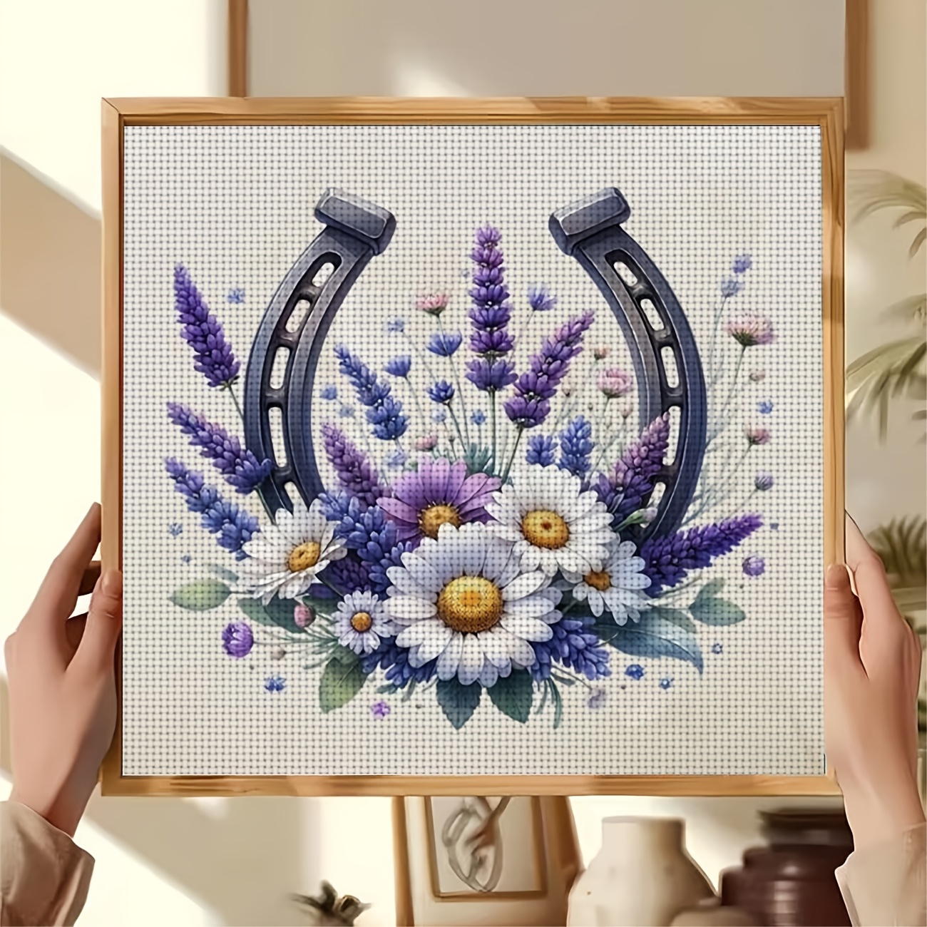 Cross-Stitch Printing Kit Without Frame, Lavender Daisy Horseshoe Design