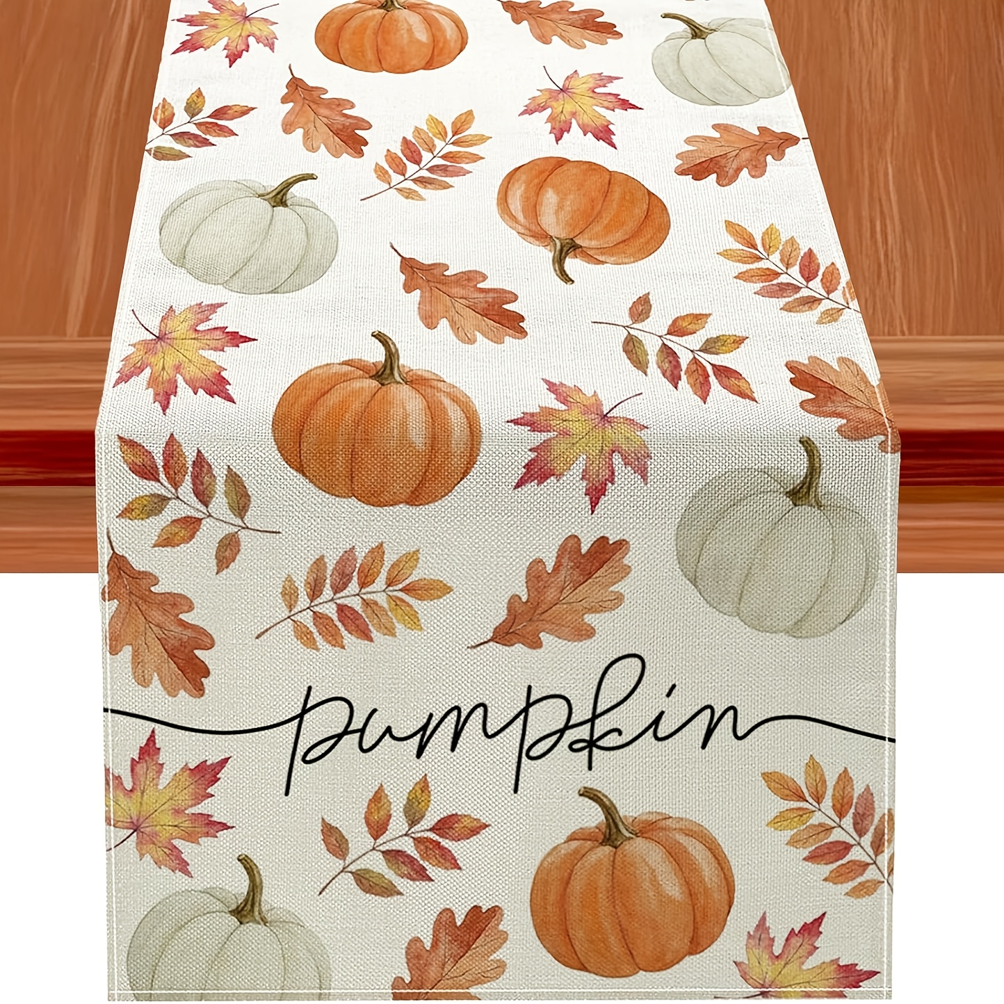TEMU 1pc 1pcs Table Runner Suitable For Thanksgiving Harvest Decor - Pumpkin Maple Leaf Print Fall Table Decoration With Rolled Edges, Orange