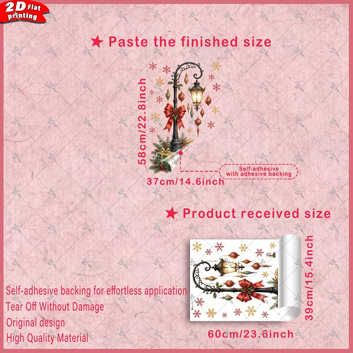 TEMU 1pc Autocollant Mural 2D Imprimé Plat Noël Lampadaire de Rue Vintage Nœud Cadeau Boule de Neige 40*60Cm, Autocollant Décoratif PVC Créatif
