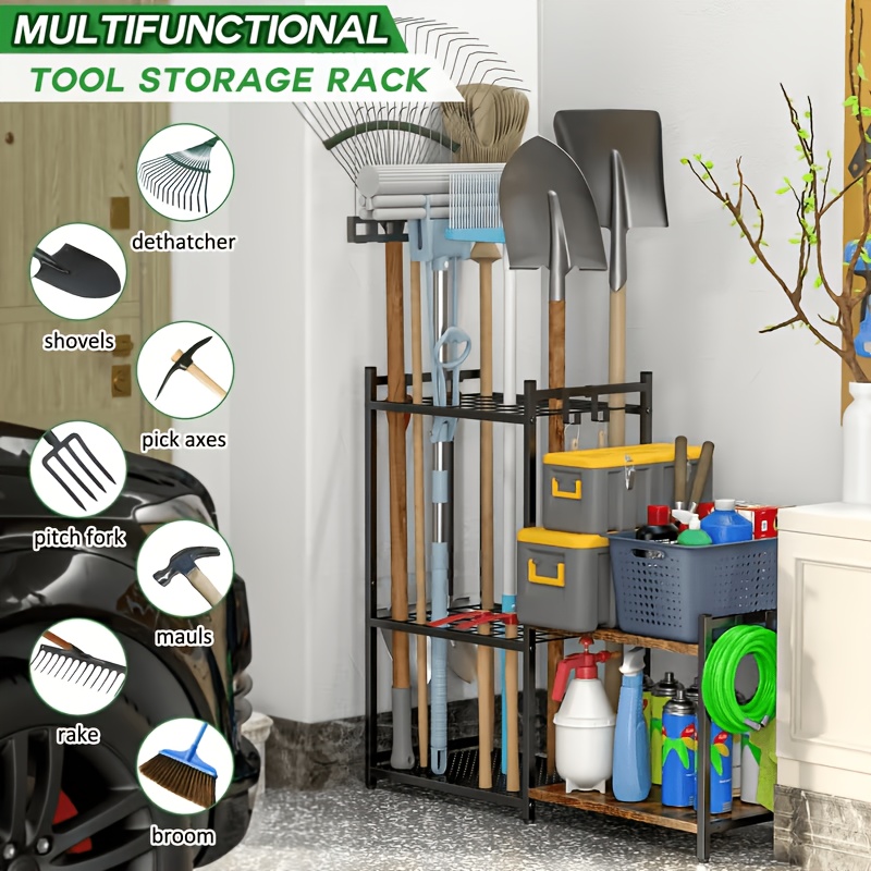 TEMU Étagère de rangement pour outils de jardin et garage, Organisateur d'outils de jardin, Étagère de rangement avec crochets, Étagère à outils de