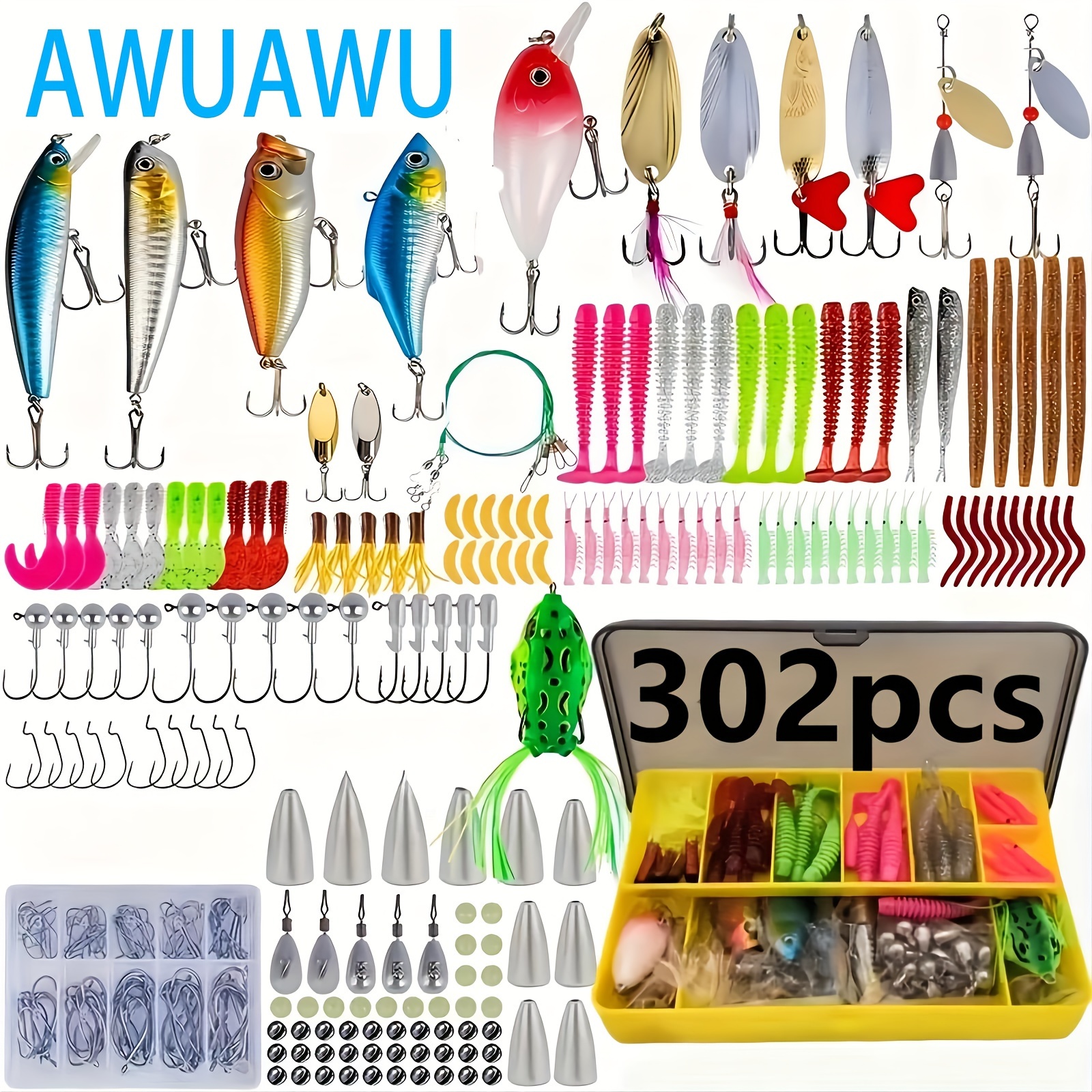 

302pcs Fishing Lures Fishing Gear Tackle Box Fishing Attractants For Bass Trout Salmon Fishing Accessories Including Spoon Lures Soft Plastic Worms Crankbait Jigs Fishing Hooks