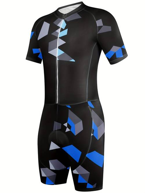 mens triathlon tri suit short sleeve road bike cycling navy blue geometic bike clothing suit uv resistant gel pad breathable sweat wicking quick dry