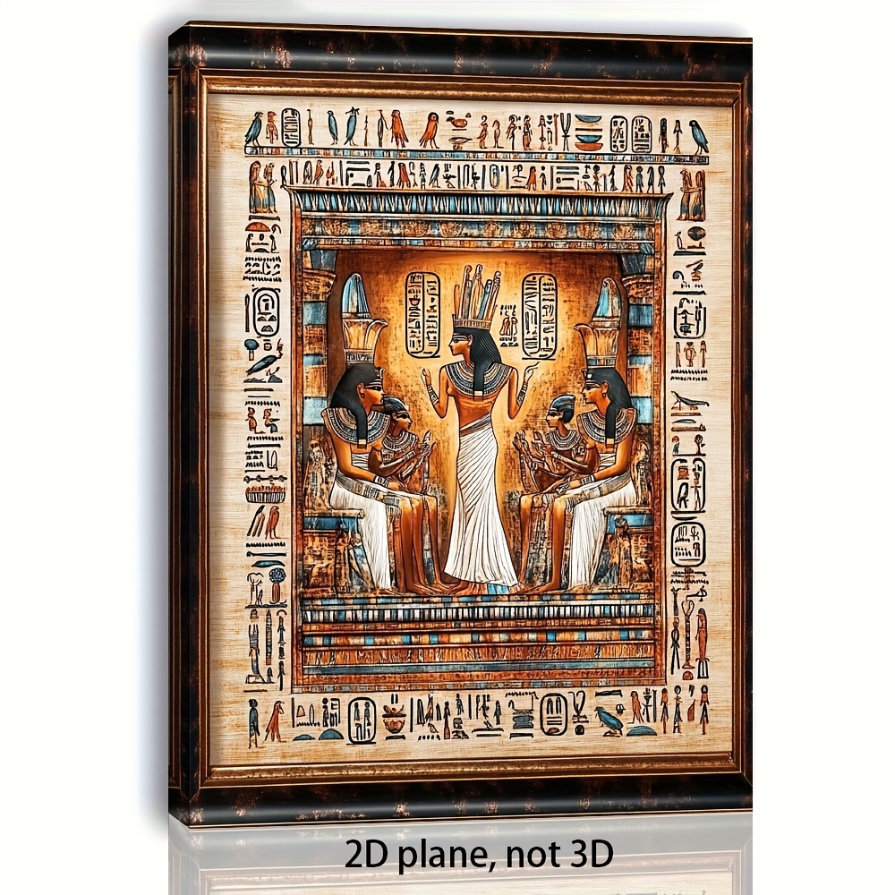 TEMU 1pc Framed Ancient Egyptian Wall Art With Hieroglyphs - Wooden Canvas, Classic Style, Perfect For Home Decor, Living Room, Bedroom, Or Office,