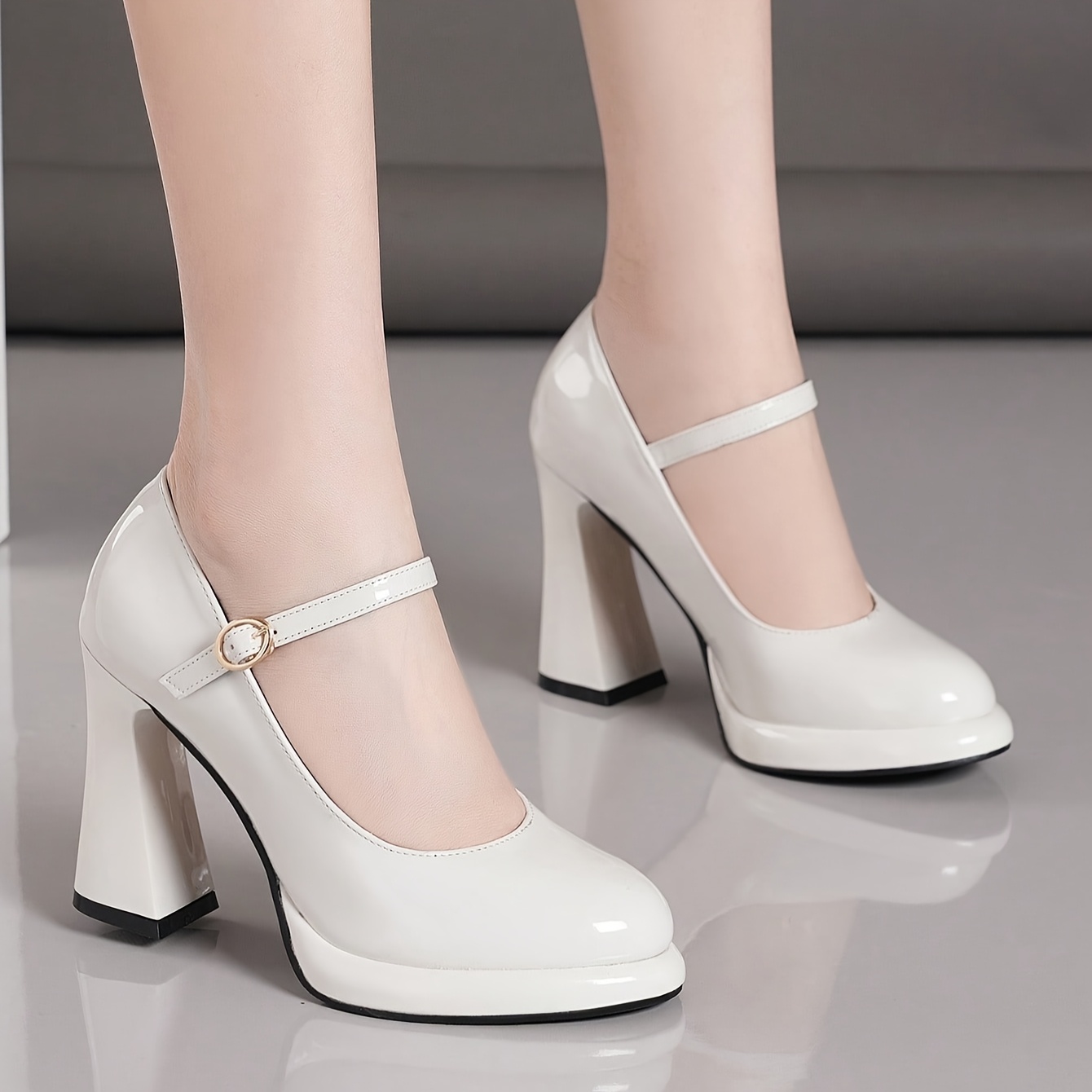 Bride Cheville Chaussure Talon Bout Rond Escarpins à Talon Carré