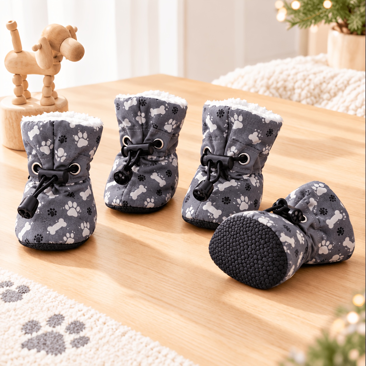 TEMU 4pcs Pet Dog Boots, Plush-lined Warm Non-slip Soft-soled, Drawstring Closure, For Small Dogs Outdoor Snow Mud Grass, Autumn & Winter Anti-dirt