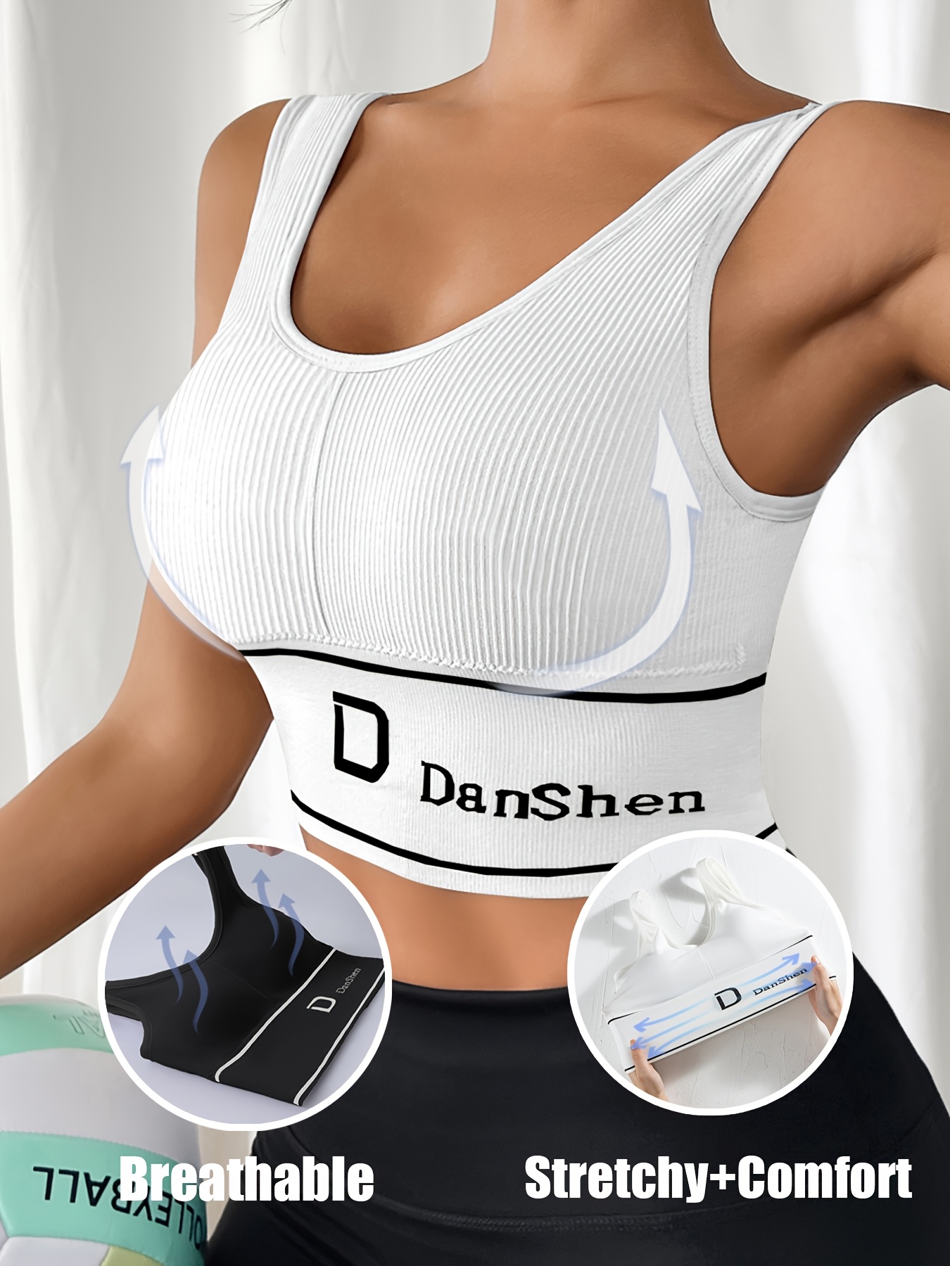 DanShen Women's High-Support Sports Bra - Wireless, Padded, Stretchy Nylon Blend for Yoga & Running, Mint Green Ribbed Design with White Logo, Machine Washable