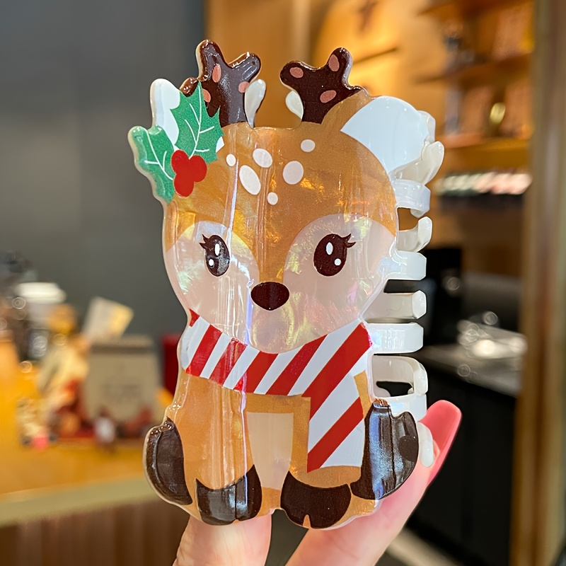 TEMU 1pc New Christmas Cartoon Elk Catcher Cute Cartoon Scarf Deer Acrylic Shark Clip Festival Atmosphere Female Back Of Head Coiled Hair Shark Clip