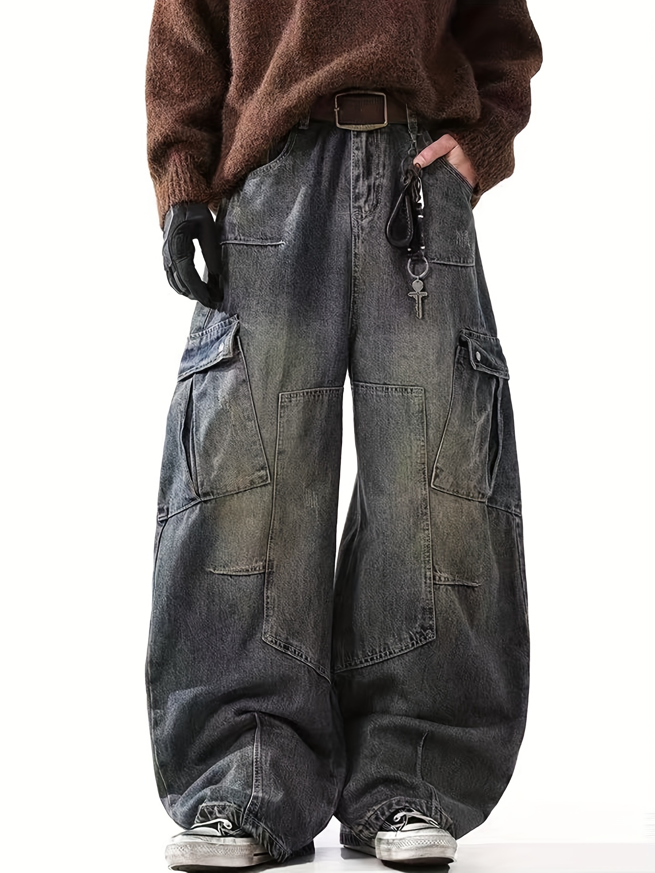 Pantalones vaqueros de carga holgados de pierna ancha para hombre con  diseño de nudillos Denim casual, no elástico, para todo el año casual