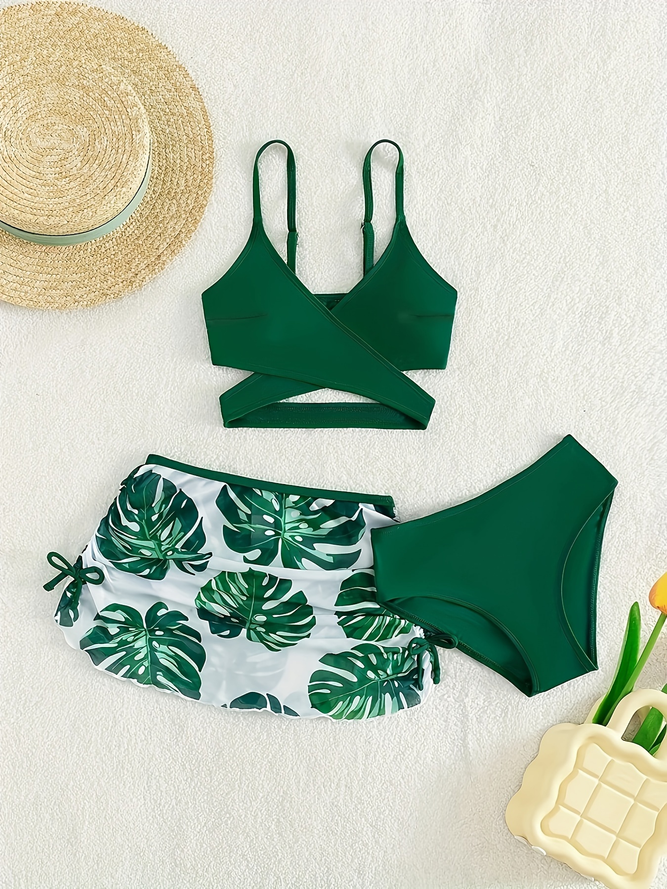 womens vacay swimwear set leaf print high cut bikini with cross strap top cover up skirt summer beachwear