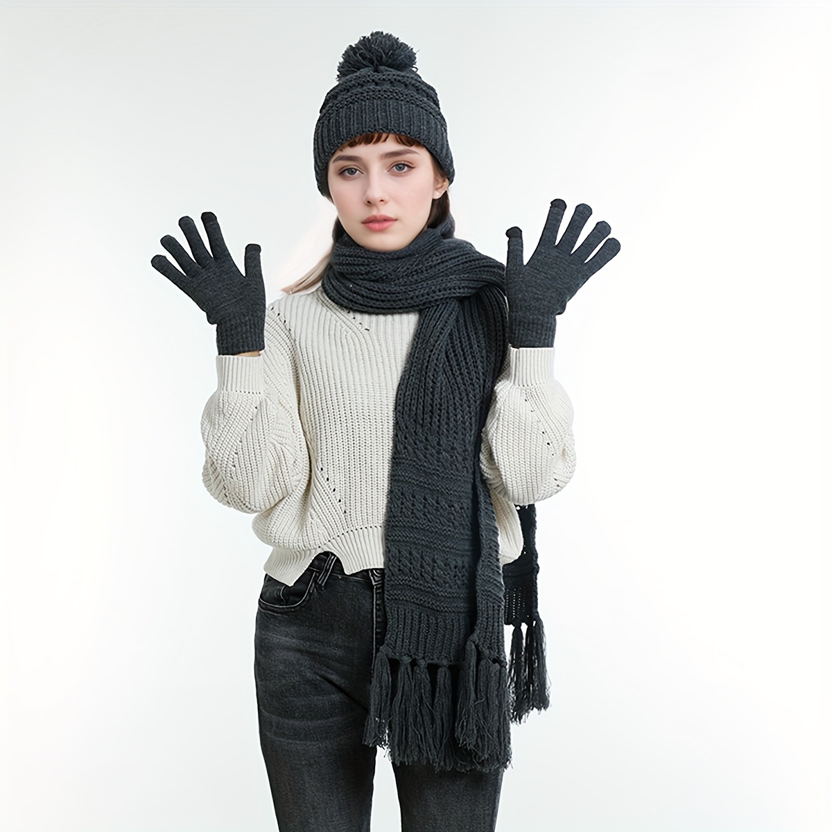 set hat scarf gloves unisex winter warm hat beanie long Temu