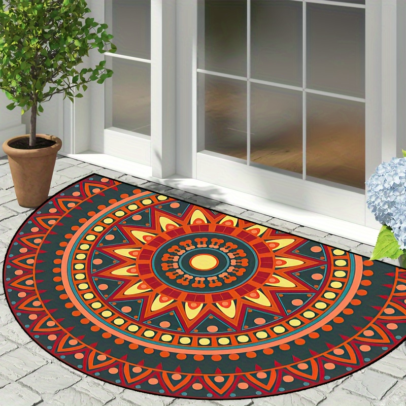 

Vibrant Red & Yellow Mandala Half-round Rug - Non-slip, Machine Washable Polyester Mat For Indoor/outdoor Use - Entryway, Bedroom, Living Room Decor - Unique Gift Idea