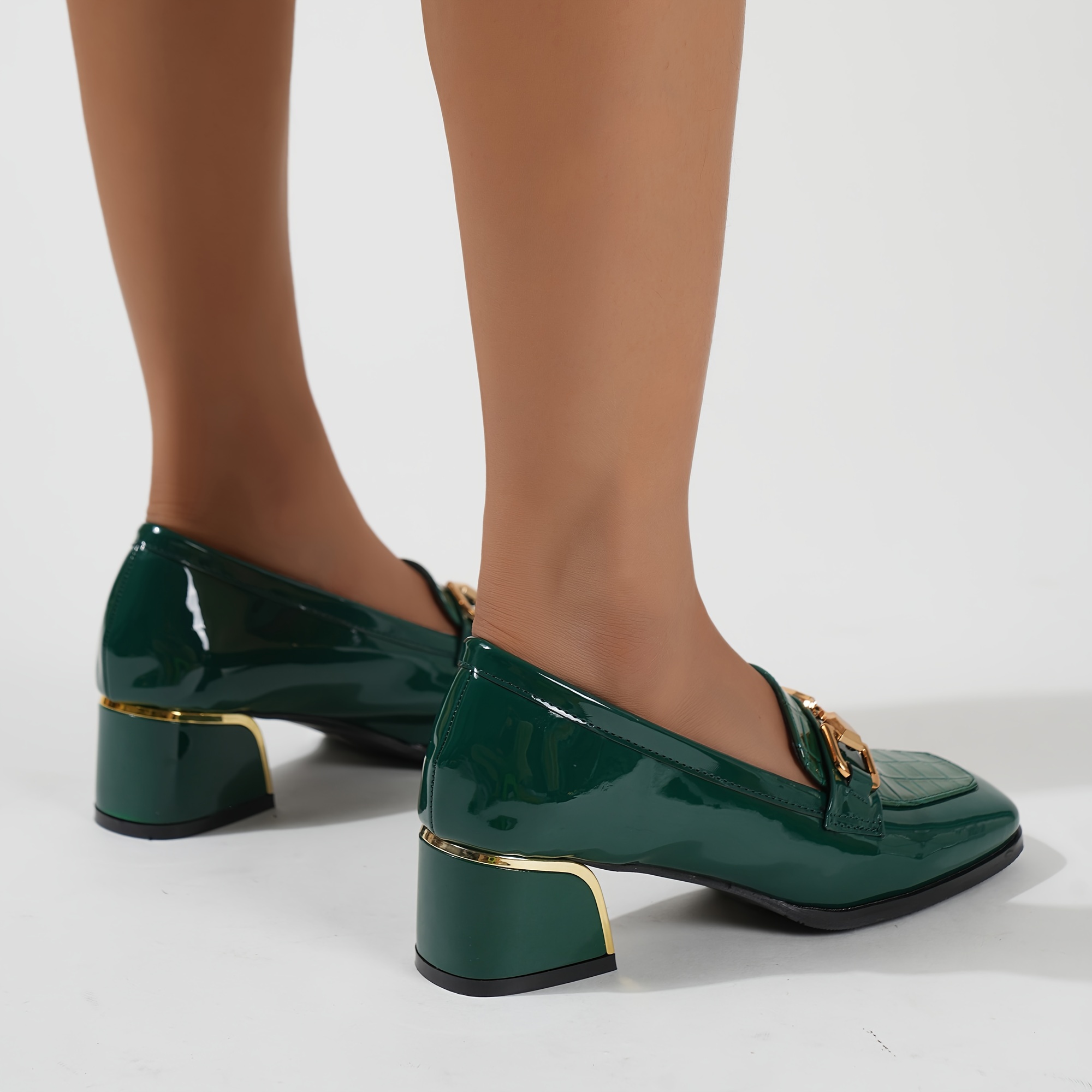Women's Chunky Heeled Loafers Buckle Decor Square Toe Slip - Temu