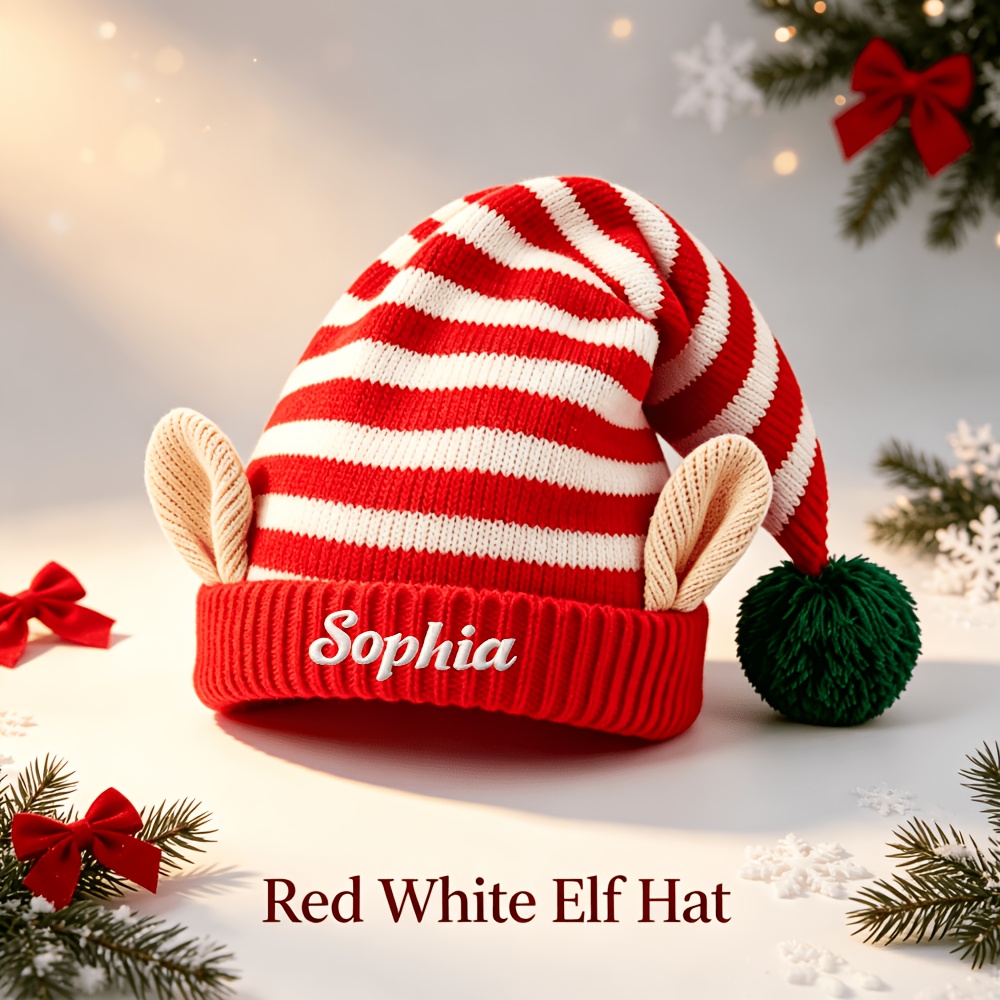 TEMU Personalized Custom Christmas Elf Ear Knit Hat With Embroidered Name/number & Ball Accent - Elastic Suitable For, Family Matching Winter Hats,