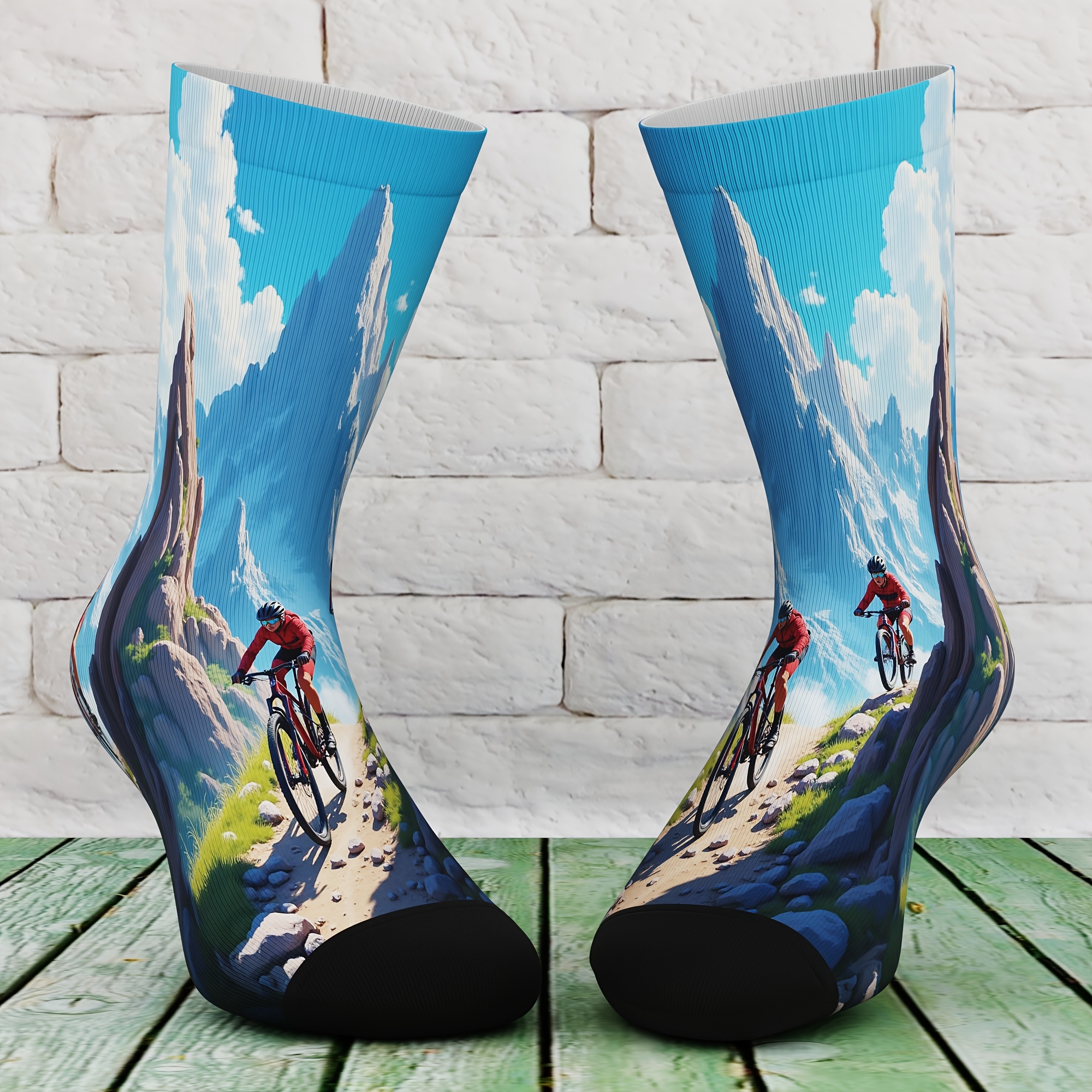 TEMU A Pair Of Unisex Socks Featuring A Mountain Biking Design, Unique And Interesting, Comfortable And Breathable, Suitable For Outdoor Leisure