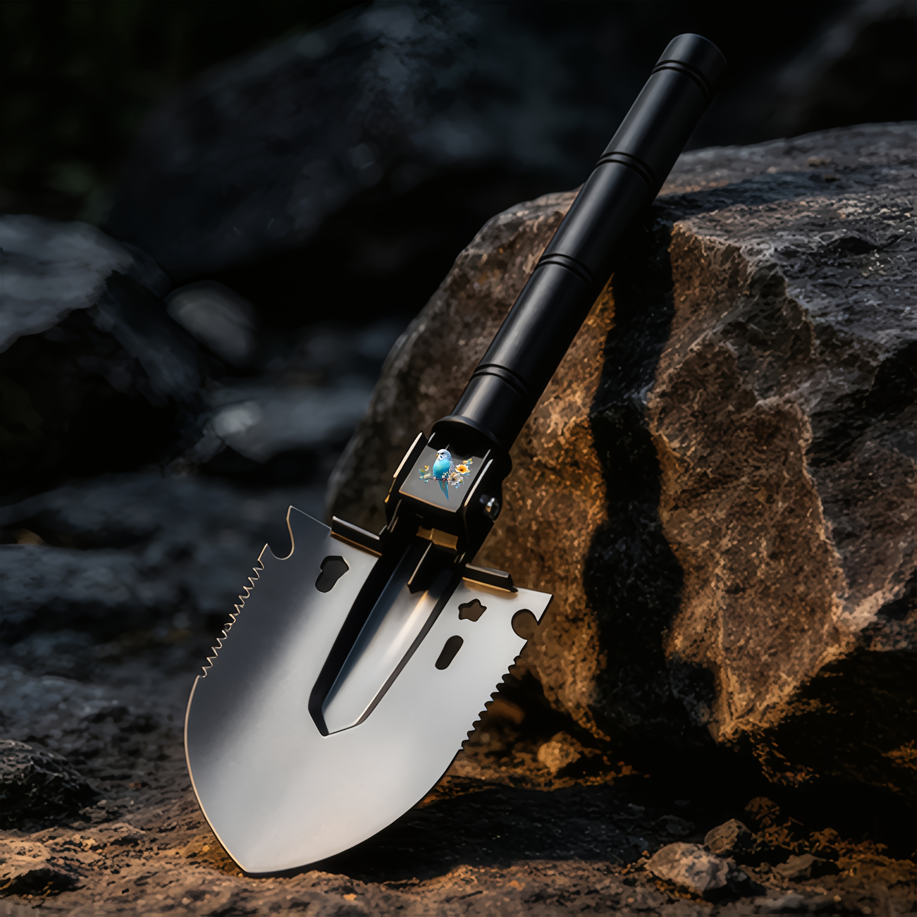 Multi-Functional Shovel with Blue and White Tiger-Striped Design