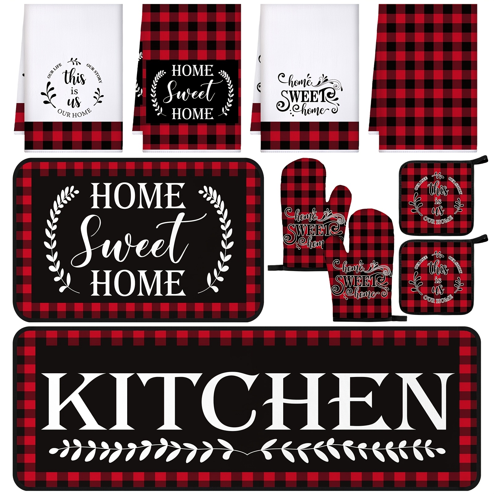 TEMU 10pcs Kitchens Set Kitchen Towels And Oven Mitts And Farmhouse Decor For Cooking Baking Grilling(red Black)