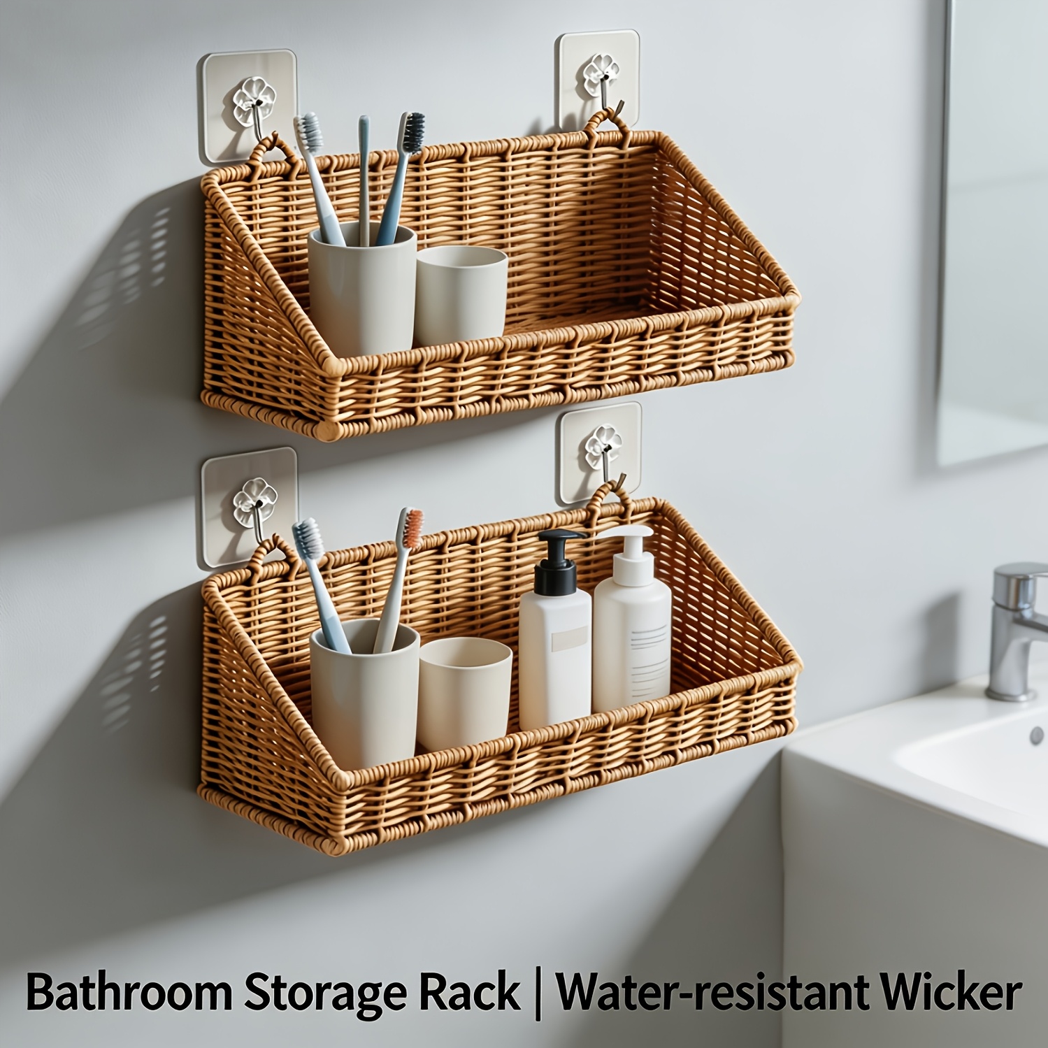 TEMU Bathroom Wall Organizer With 4 Hooks, Rattan Hanging Storage Basket, For Bathroom Vanity Spa Powder Room, Cosmetic Skincare , Space Modern