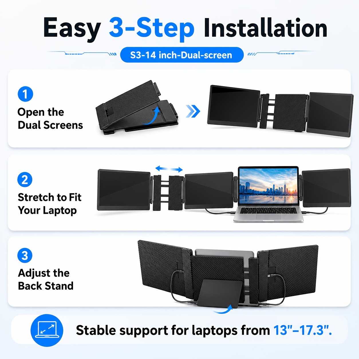Laptop Screen Extender 14 / 15.6 Inch Dual Screen Portable Monitor, 1080P FHD IPS Screen, 178° Wide Viewing Angle, High Color Gamut, Plug And Play Three-Screen Expansion, Widely Compatible, USB-C/HDTV Video Output, Foldable External Monitor