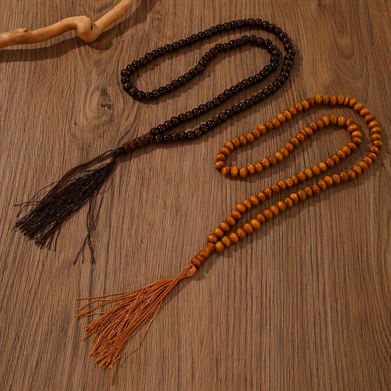 

2-piece Handcrafted Wooden Prayer Beads, 99 Beads, Spiritual Brown & Natural Wooden Tone, Religious Jewelry, With Tassel
