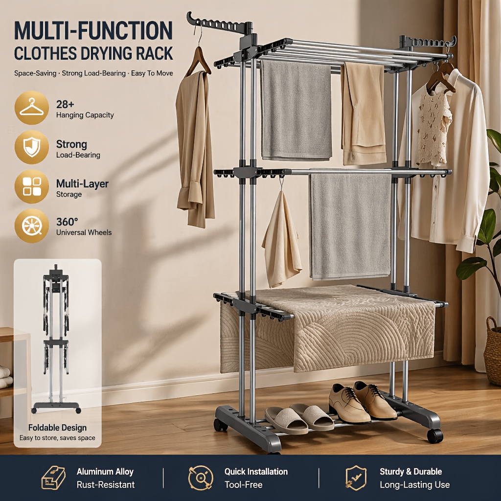 TEMU Foldable Outdoor Drying Rack, Portable Design, Suitable For Storing Clothes, Towels, And Toiletries, Blue Plastic Material. Bathroom Or Outdoor
