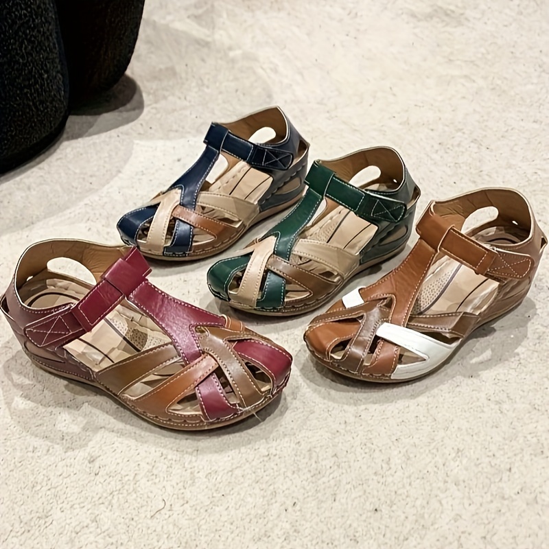 

Femmes Sandales Compensées À Blocs De Couleurs, Chaussures D'été Décontractées À Découpe Creuse, Sandales À Semelle Souple Confortables