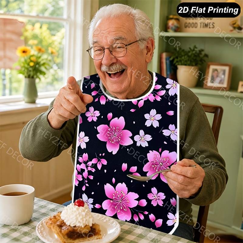 TEMU 1pc Adult Bib Pink Cherry Petal Scatter Art Washable Restaurant Clothing Protector, Suitable For Men And Women, Including The Elderly, For Use