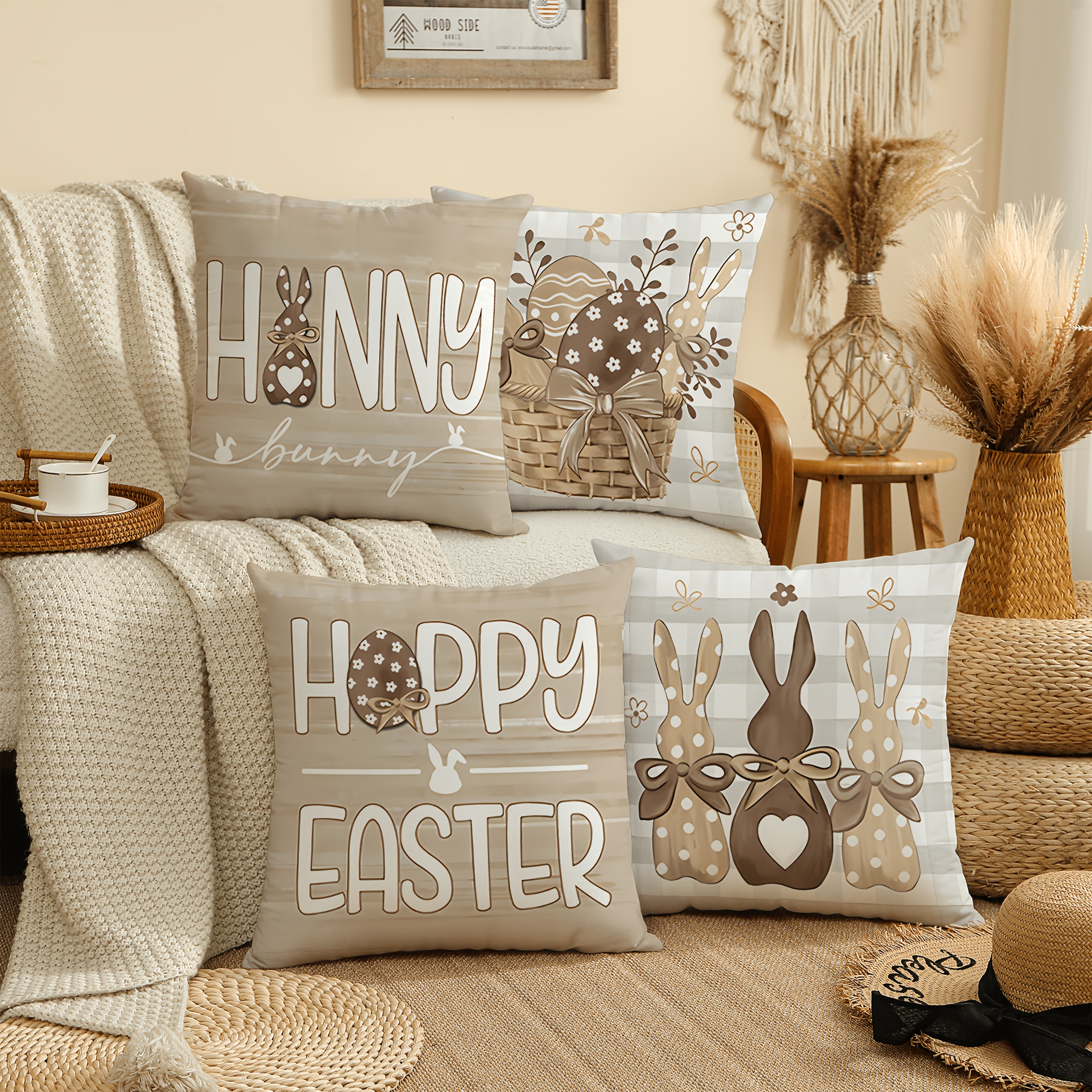 

4pcs 18*18 Inch Easter Velvet Throw Pillow Covers, Bunny And Egg Theme, Spring/summer Decorative Pillow Covers For Living Room, Sofa, Bedroom, Home Decor