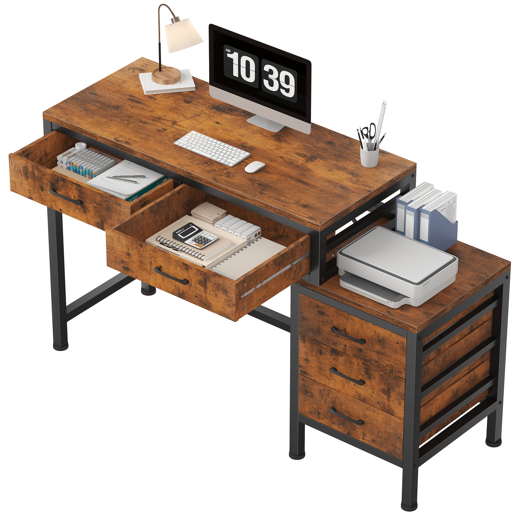51in Retro Industrial Writing Desk with 5 Drawers & Printer Stand