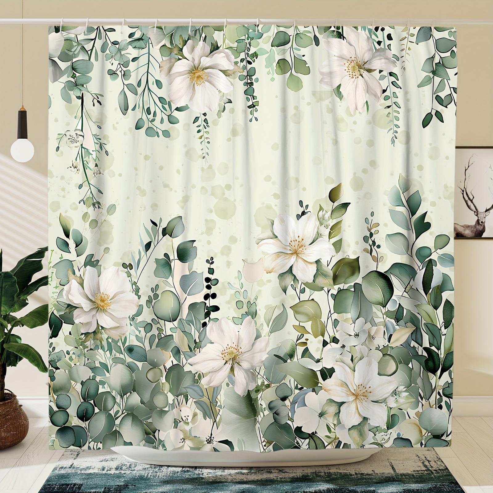 

Farmhouse Shower Curtain - Waterproof Polyester, Machine Washable With 12 Hooks Included, Green & Botanical Design For Bathroom Decor, 71x71 Inches