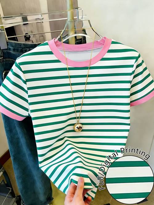 imagen del artículo camiseta de moda vintage de manga corta a rayas con cuello de , estilo