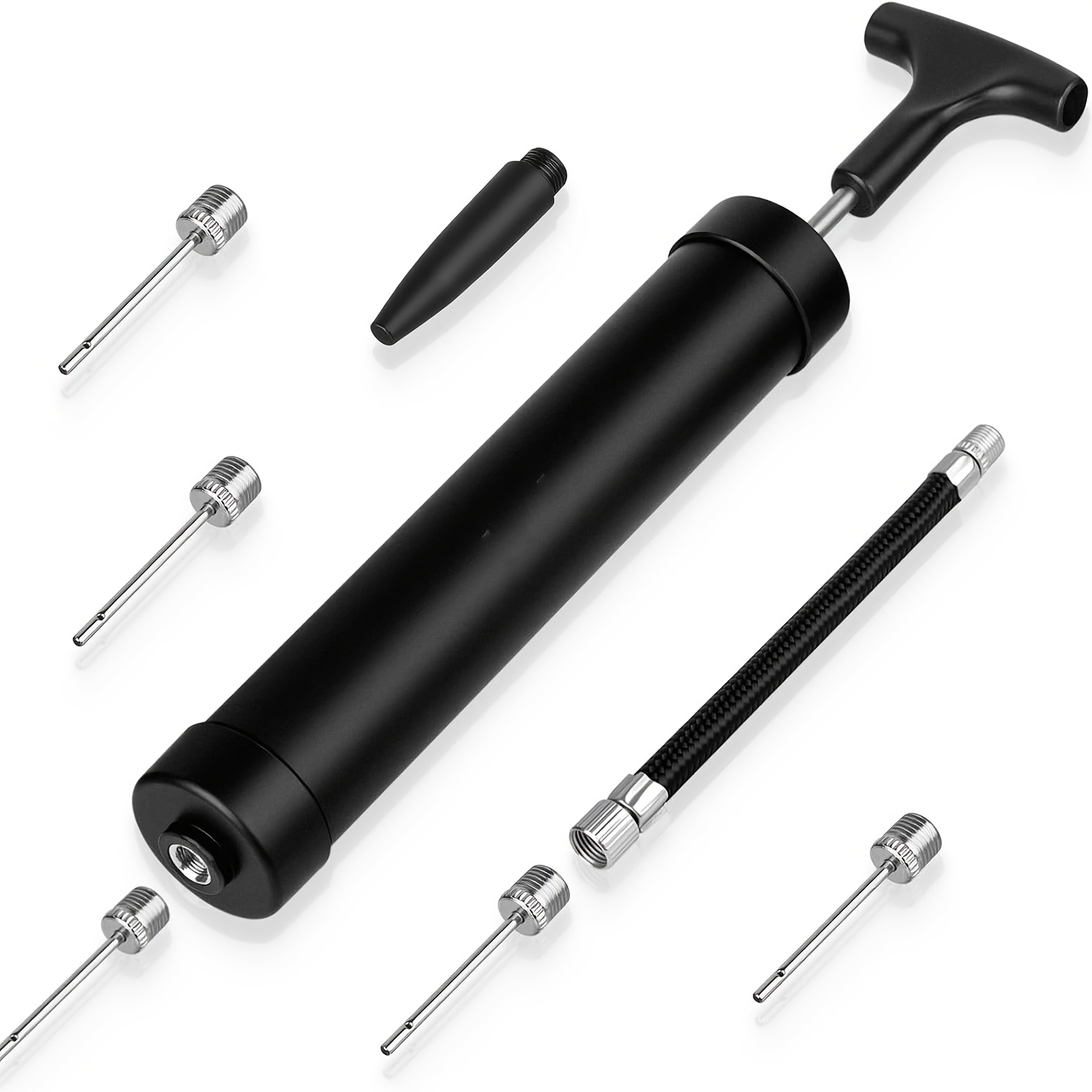 TEMU Kit de pompe à ballon 10 pouces, pompe à ballon de basket, pompe à air portable avec 5 aiguilles, 1 embout et tuyau d'extension pour ballon de