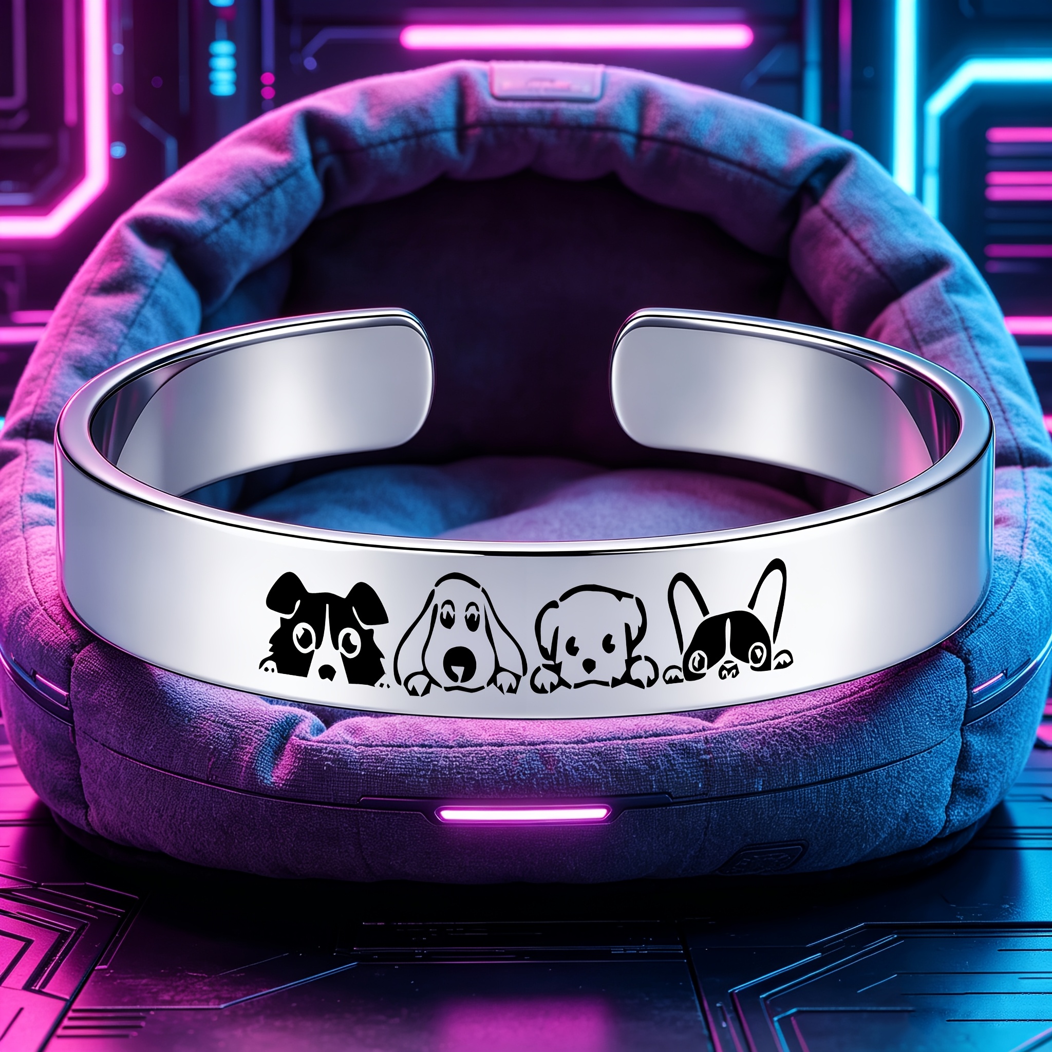 Cute Dog Silhouette 304 Stainless Steel Open Bangle Bracelet, Gift for Pet Lovers