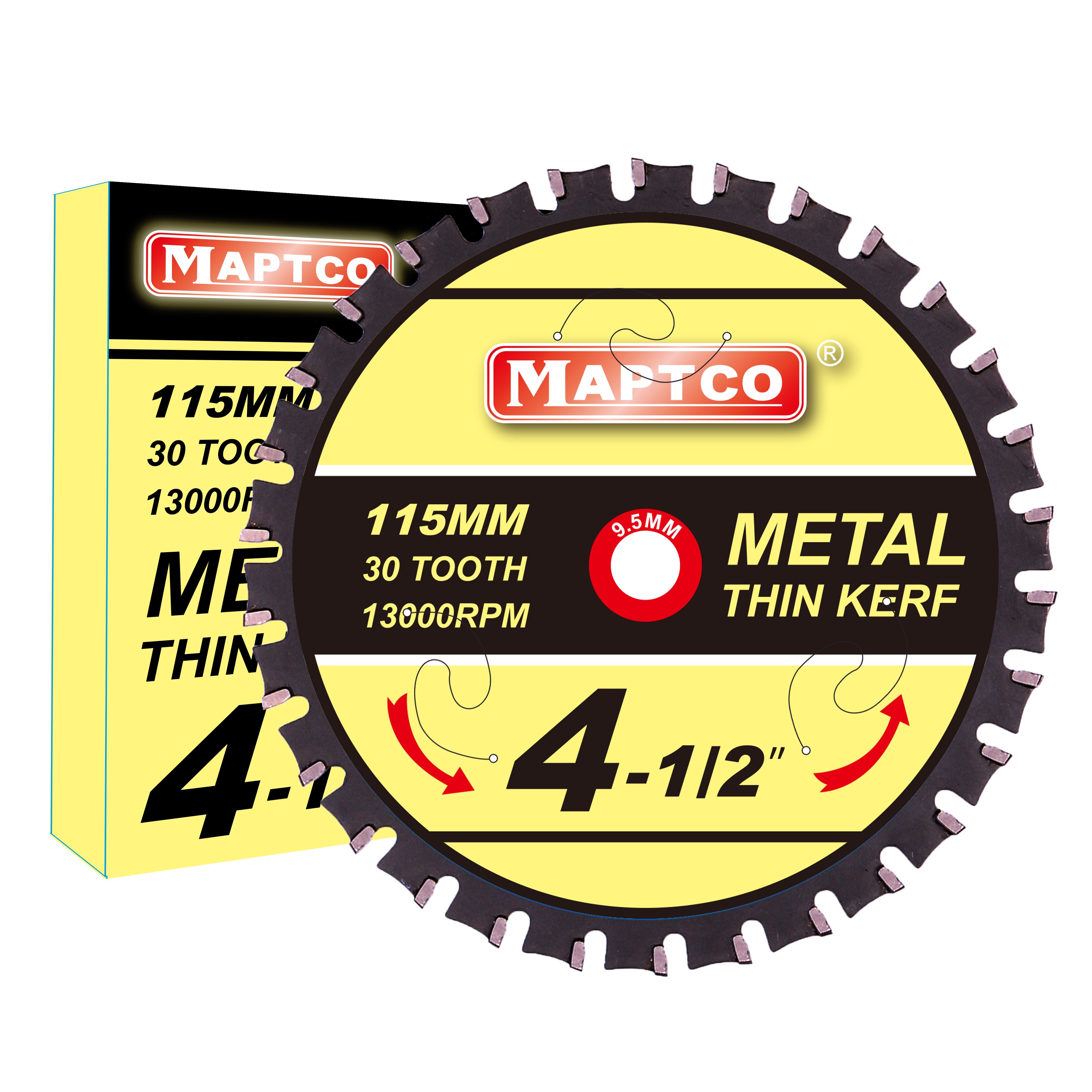 

Maptco, 4-1/2" (115mm)-30t, Metal Working Circular Saw Blade, Arbor 3/8"(9.5mm), Use On All Brand 9.5mm Arbor Cordless Saw, Metal, Steel Iron Bar, Sheet, Angle Cutting