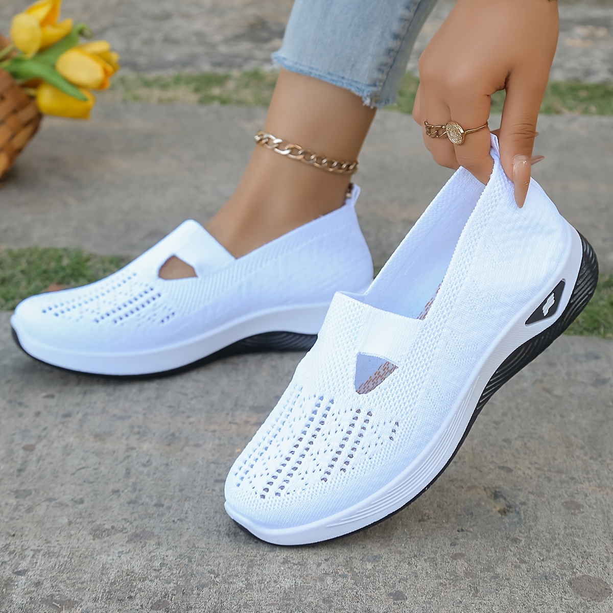 1 Pair Women'S Breathable Open Toe Sneakers, Casual All-Season Slip-On Walking Shoes, Lightweight Flat Sole with Solid Color Design, Comfortable Fabric Upper/Inner and Faux Sole