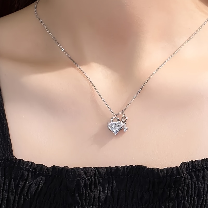 925 silver heart shaped lock key pendant chain inlaid - Temu
