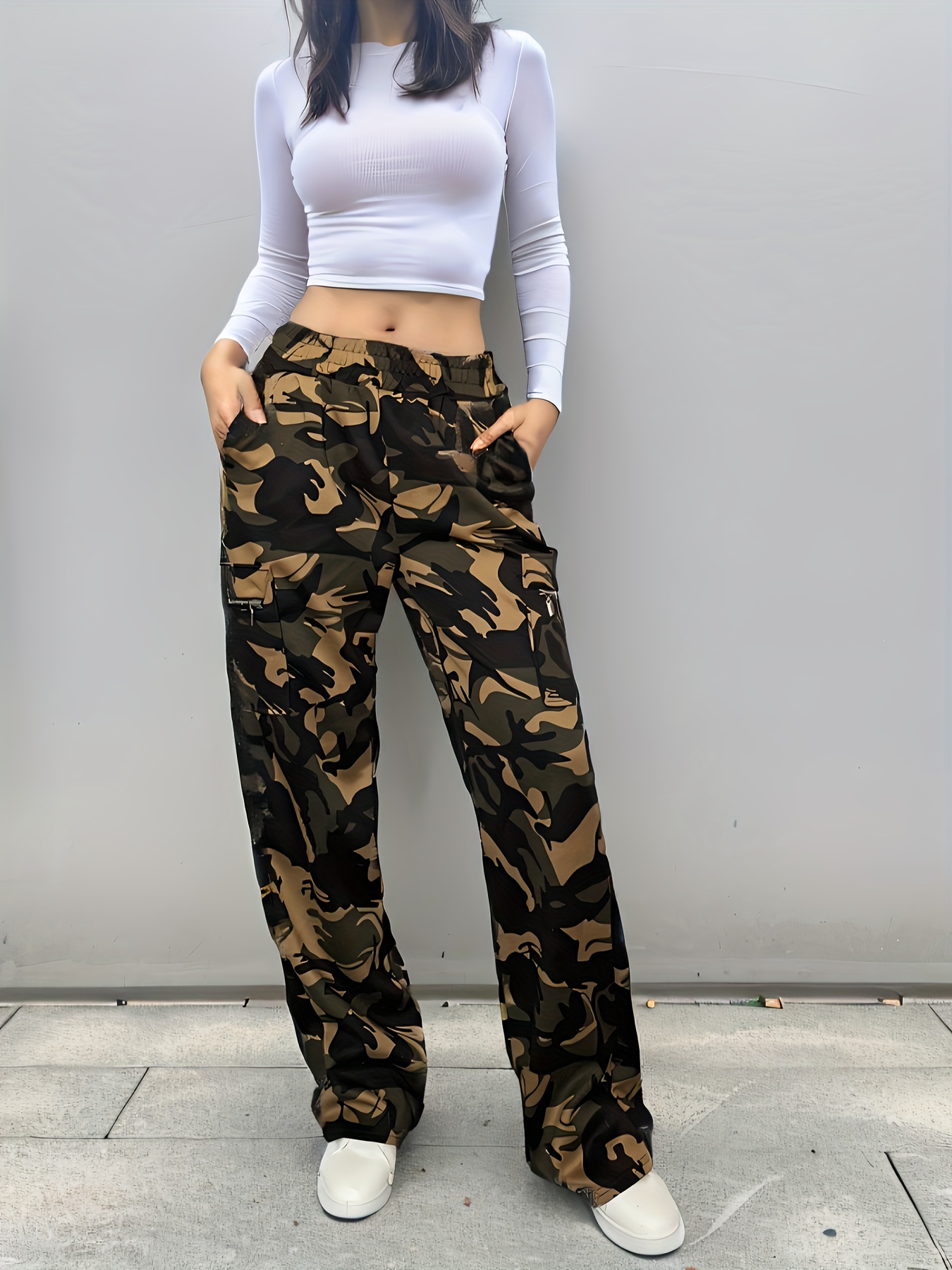 Camo Print Straight Leg Cargo Pants, Casual High Waist High Street Pants  With Pocket, Women's Clothing