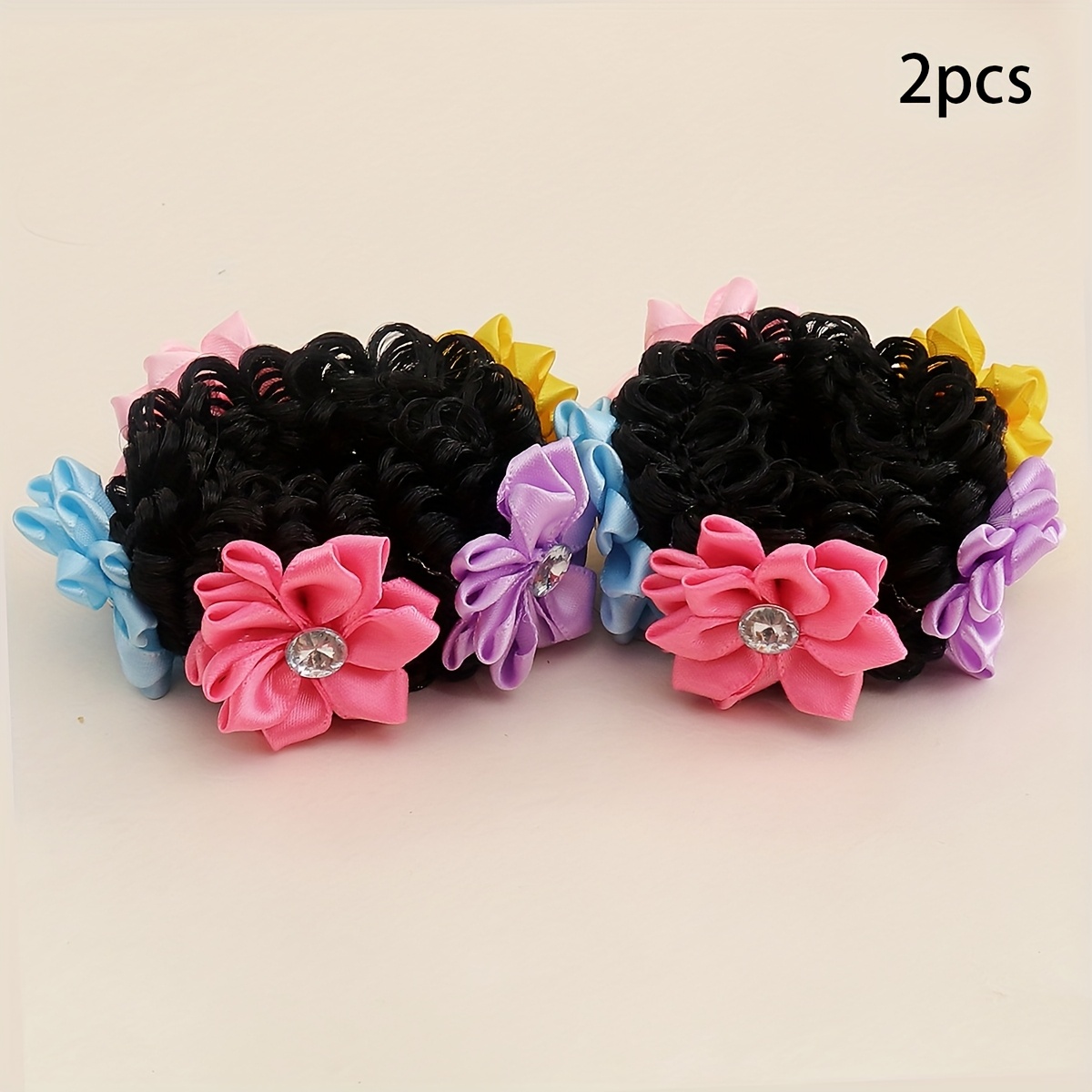 2 Flower-decorated Hair Ties Suitable For Double Buns And Ponytails