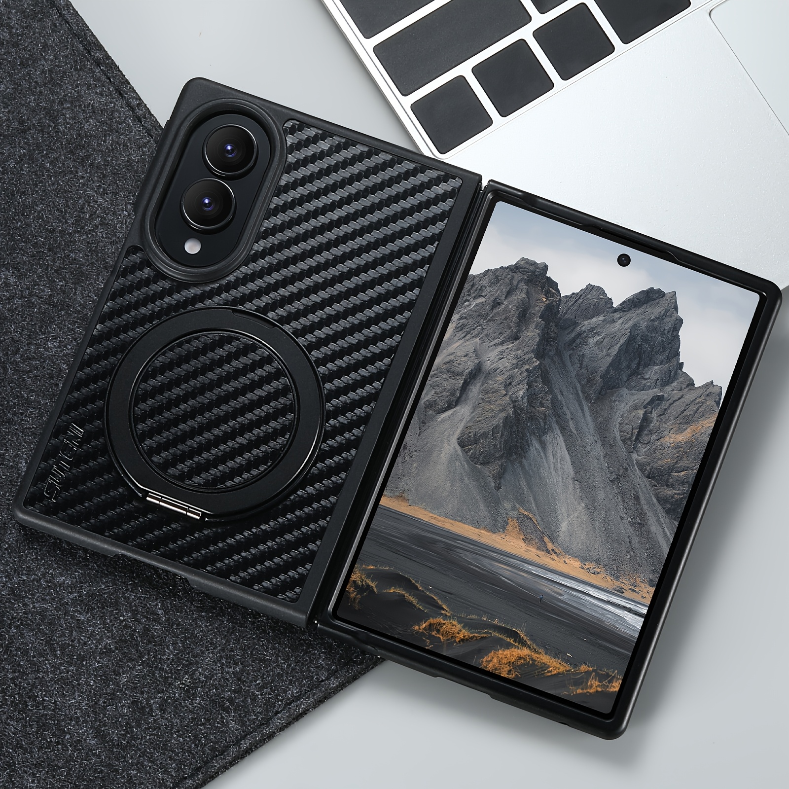TEMU Phone Case: Suteni For Galaxy Z Fold 8 Phone Case Mobile Black Texture Magnet Wireless Charging 360° Rotating Stand Synthetic Leather Ring For