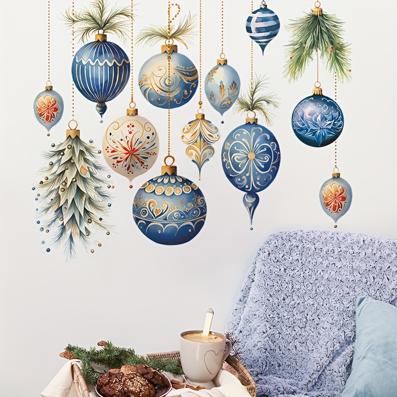 

Blue Christmas Wall Decals - Tree, Balls & For Bedroom And Living Room Decor | Matte , Self-adhesive Plastic Stickers