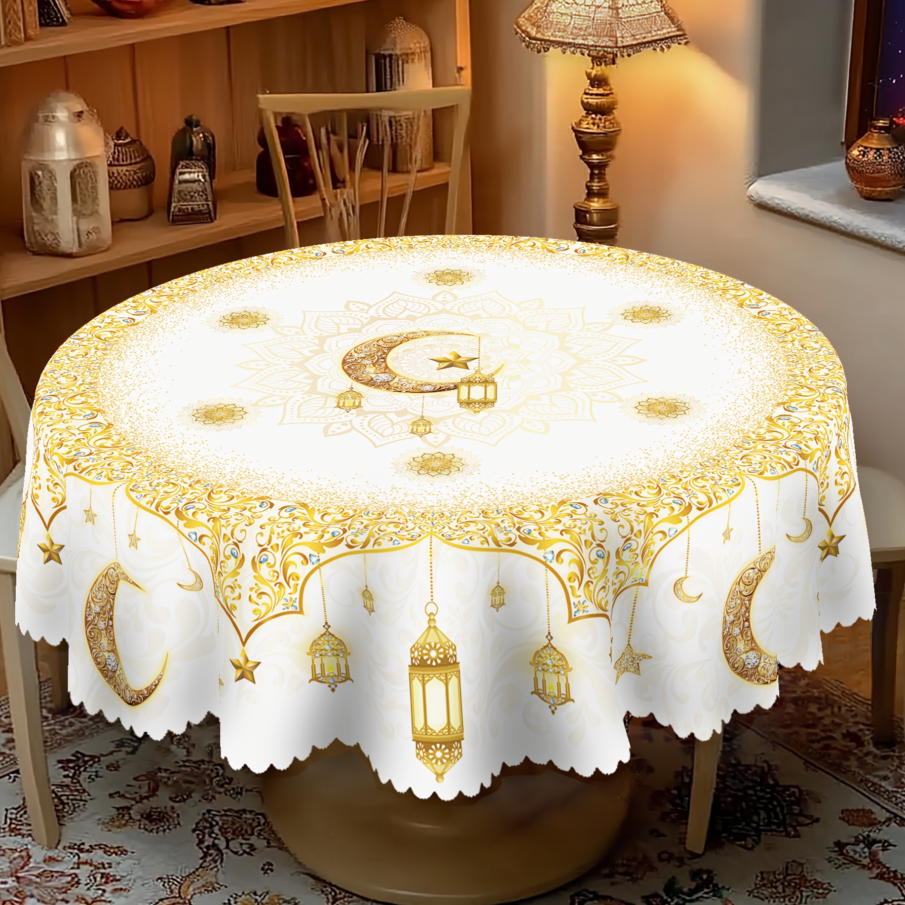 

1pc Golden Ramadan Moon & Lanterns Design Round Tablecloth, 100% Polyester Woven, Machine Made, Party Decor For Eid Al , Home & Outdoor Celebrations, Ideal Gift