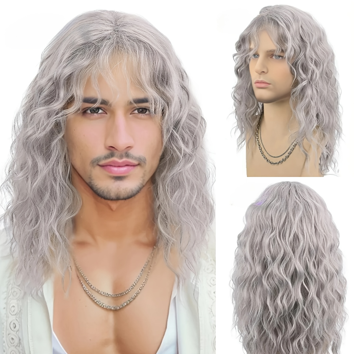 E-shop Stylische lockige Herrenperücke mit Pony | Hitzebeständiges synthetisches Haar für Halloween und