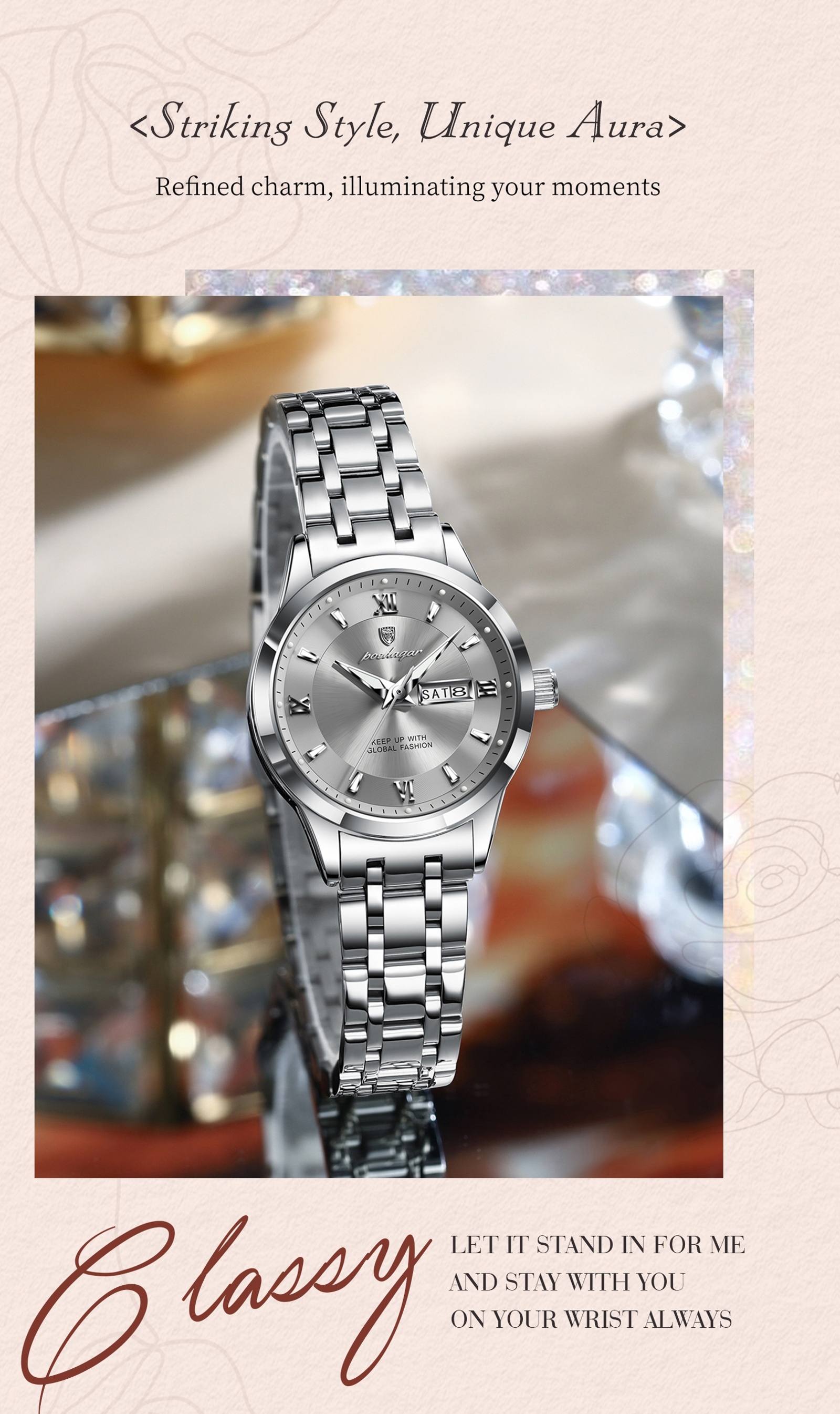 Ladies' Vintage Elegant Steel Strap Watch, Stainless Steel Quartz Wristwatch, Luminous Weekly Calendar Watch for Women