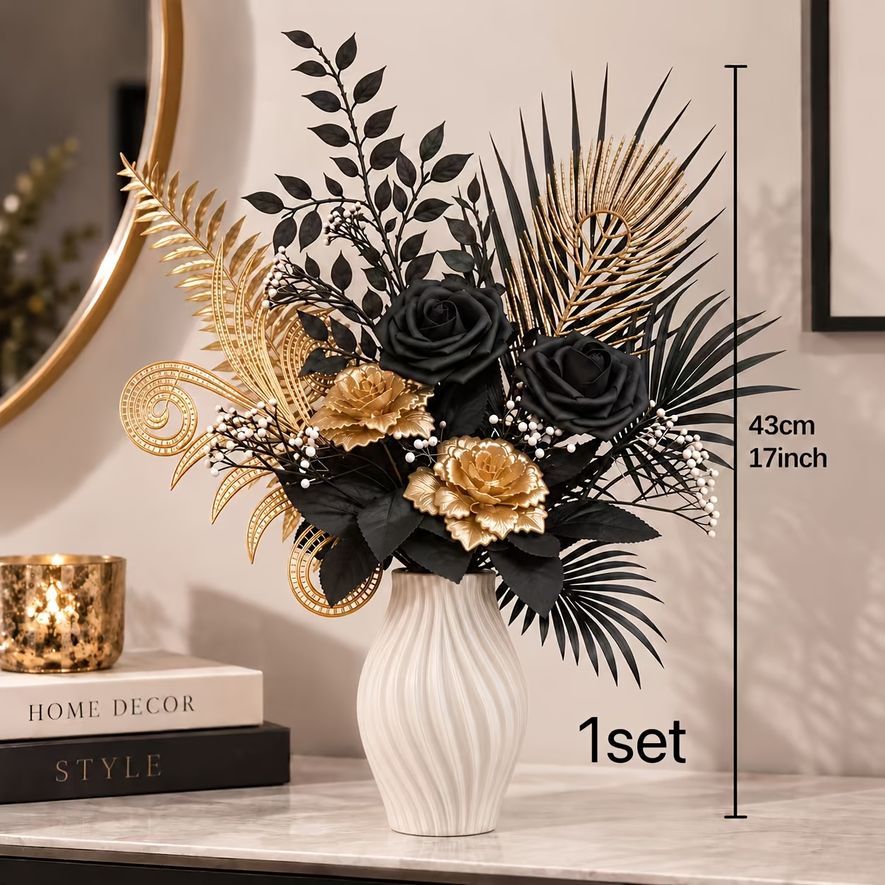 TEMU 1 Ensemble Bouquet Artificiel Noir et Doré de Luxe Léger, Arrangement Floral Artificiel Rétro Gothique, Couleurs Premium et Texturées, Tiges