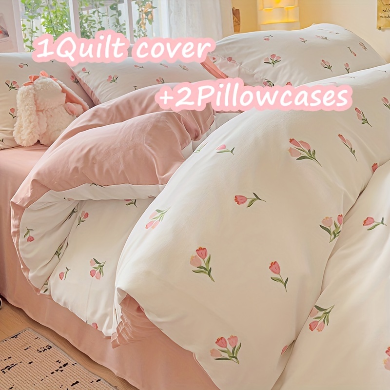 TEMU 3-piece Bedding Set: 1 Quilt Cover + 2 Pillowcases - Cozy And Breathable, Suitable For All Seasons - Floral Design, Machine Washable, No Fading Or Deformation - Perfect For A Comfortable Sleep